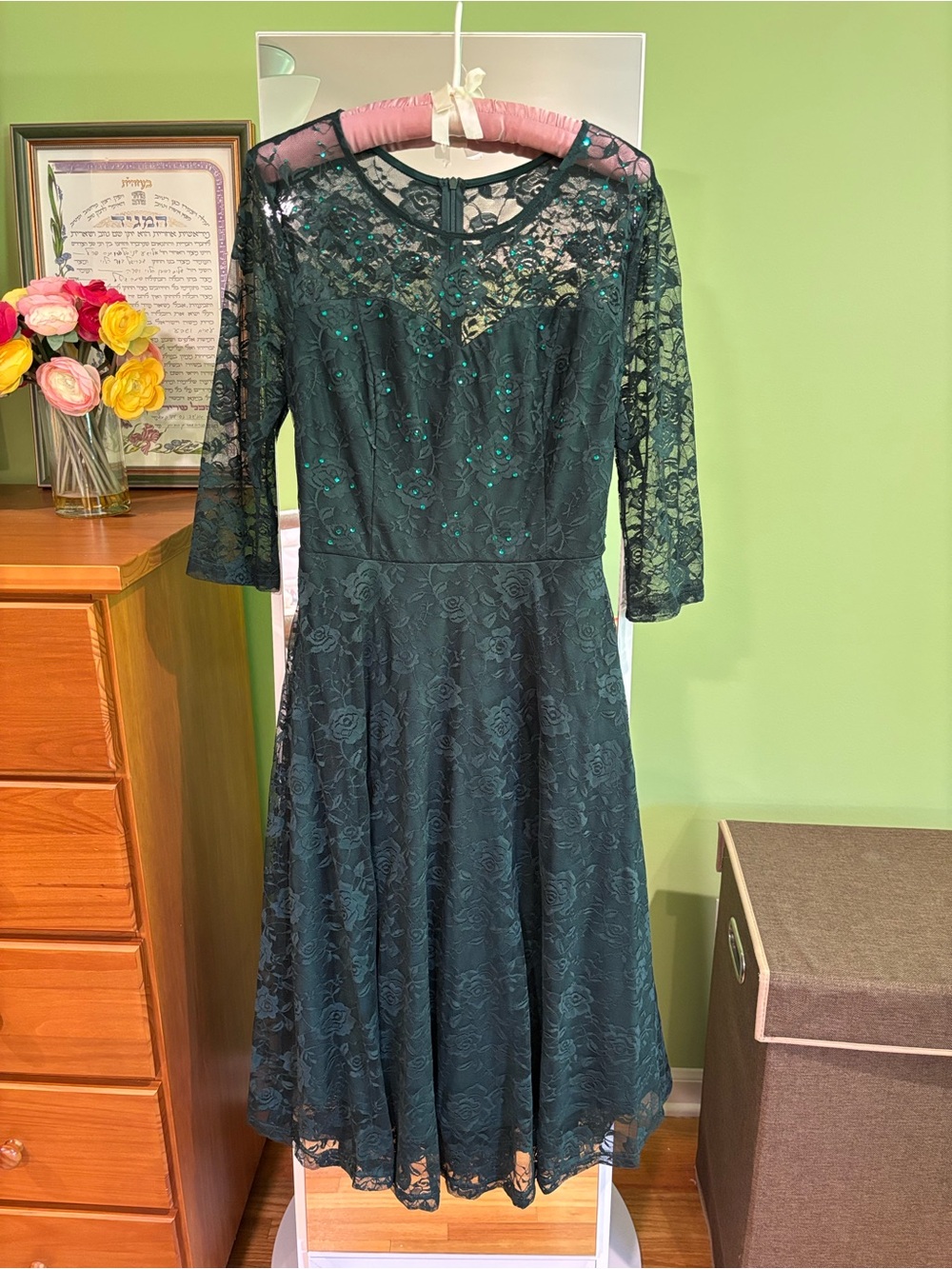PROM Long-Sleeve Elegant Green Lace Fit & Flare Dress